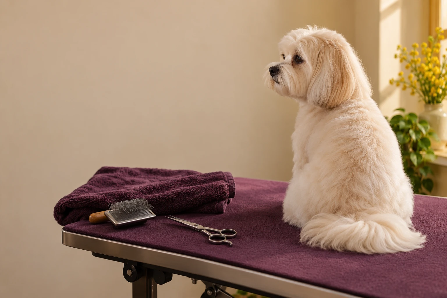 Illustrative cream-coated dog on a plum grooming table with a brush and shears; not a photograph of Essence Of A Dog.